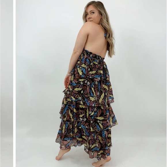 MEET ME IN SANTORINI FLORAL HALTER TIERED RUFFLE FOREST FAIRY MAXI DRESS SIZE XS - Picture 8 of 15
